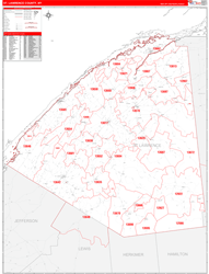 St. LawrenceCounty, NY Wall Map Zip Code Red Line Style 2024